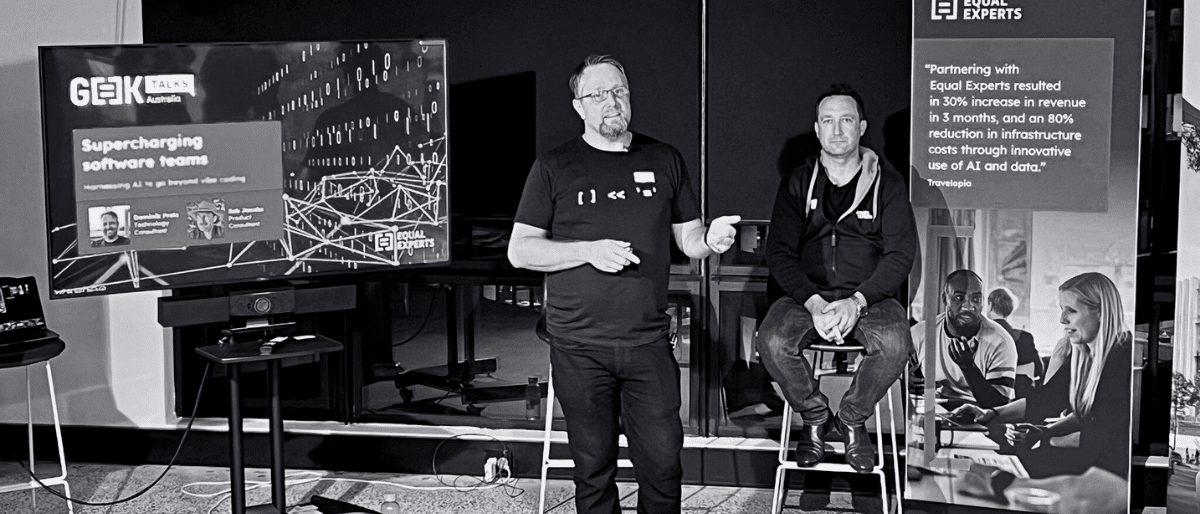 Dominil Fretz and Seb Jacobs giving a presentation on vibe coding during Sydney G[=]K event in September 2025
